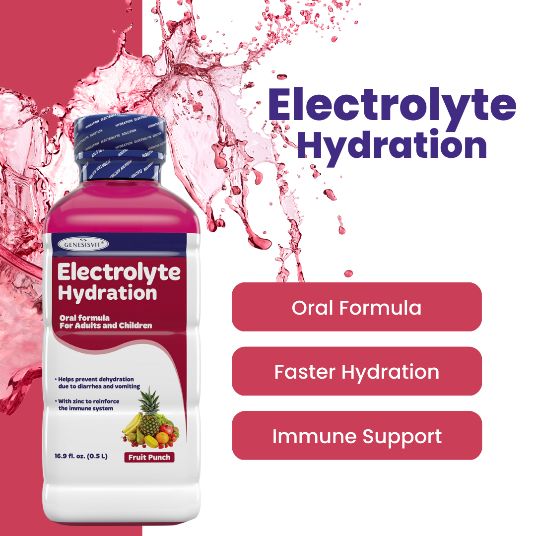 Genesisvit® Electrolyte Solution by Alfa Vitamins Store, available in a 12-pack of 16.9 fl oz bottles, features fruit punch flavor with an invigorating backdrop and benefits like Oral Formula, Faster Hydration, and Immune System Support for a revitalizing experience.