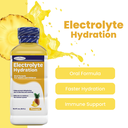 Image of Alfa Vitamins Stores Genesisvit® Electrolyte Solution, 16.9 fl oz bottle in a 12-pack, labeled Electrolyte Hydration with pineapple flavor amidst a yellow liquid splash and pineapple slice. Features include Oral Formula, Faster Hydration, and Immune Support for optimal electrolyte replenishment.