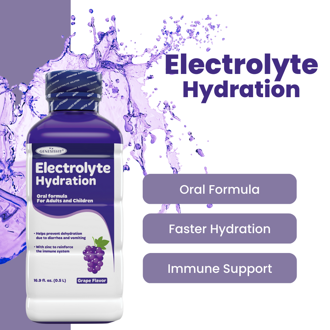 A purple Genesisvit® Electrolyte Solution bottle from Alfa Vitamins Store, featuring grape flavor, is prominent. Highlights include oral formula, rapid rehydration, and immune support. A splash of purple liquid underscores this effective solution in the background.