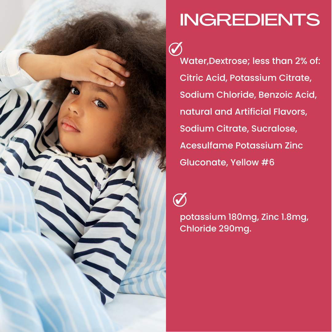 A child with curly hair, looking unwell, rests on a bed in a striped shirt beside a pink backdrop displaying ingredients like citric acid and sodium chloride from the Genesisvit® Electrolyte Solution by Alfa Vitamins Store. This solution supports hydration and immune health.