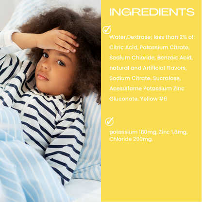 A child in striped pajamas lies on a blue and white bed, touching their forehead. Beside the Ingredients list, featuring water, citric acid, and additives, is a note stressing hydrations importance using Genesisvit® Electrolyte Solution by Alfa Vitamins for replenishing electrolytes.