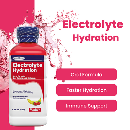 The Genesisvit® Electrolyte Solution, a 16.9 fl oz bottle from Alfa Vitamins Store, features a strawberry/banana flavor highlighting fast rehydration and immune support. Pink liquid splashes in the background showcase this effective electrolyte solution. Available in a 12-pack.