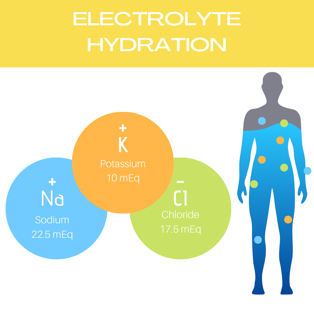 Infographic Electrolyte Hydration shows a silhouette detailing electrolytes: Sodium (Na) 22.5 mEq, Potassium (K) 10 mEq, Chloride (Cl) 17.5 mEq. Stay balanced with Genesisvit® Electrolyte Solution by Alfa Vitamins Store for optimal hydration.