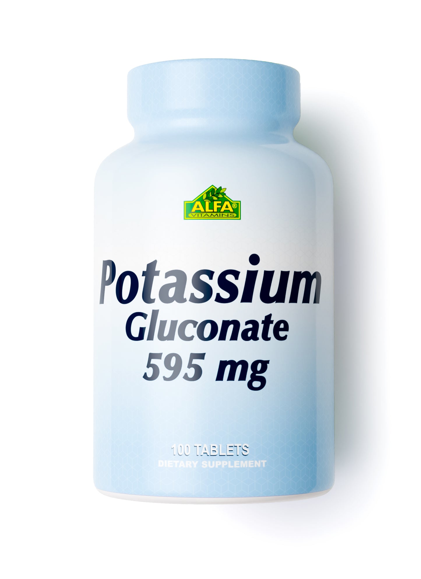 A light blue bottle of dietary supplement labeled Potassium Gluconate 595 mg - 100 tablets, featuring the green ALFA logo, supports electrolyte balance and heart health.