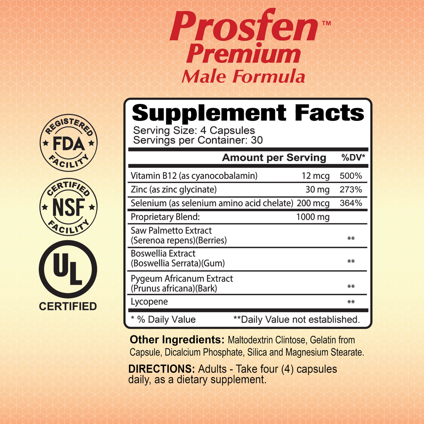 The image features the supplement facts for Alfa Vitamins Prosfen Premium Male Formula (120 capsules). It emphasizes prostate support with Saw Palmetto, Vitamin B12, Zinc, and a proprietary blend. Certifications include FDA registered, NSF certified, and UL certified.