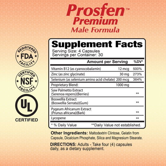 Prosfen Premium Male Formula Supplement Facts panel for the 120-capsule bottle.