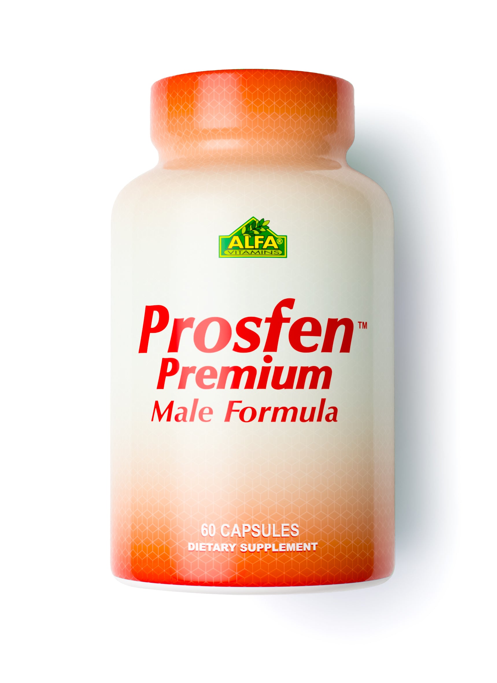 A 60-capsule bottle of Prosfen Premium Male Formula by Alfa Vitamins features a white to orange gradient and denotes it as an NSF certified food supplement.