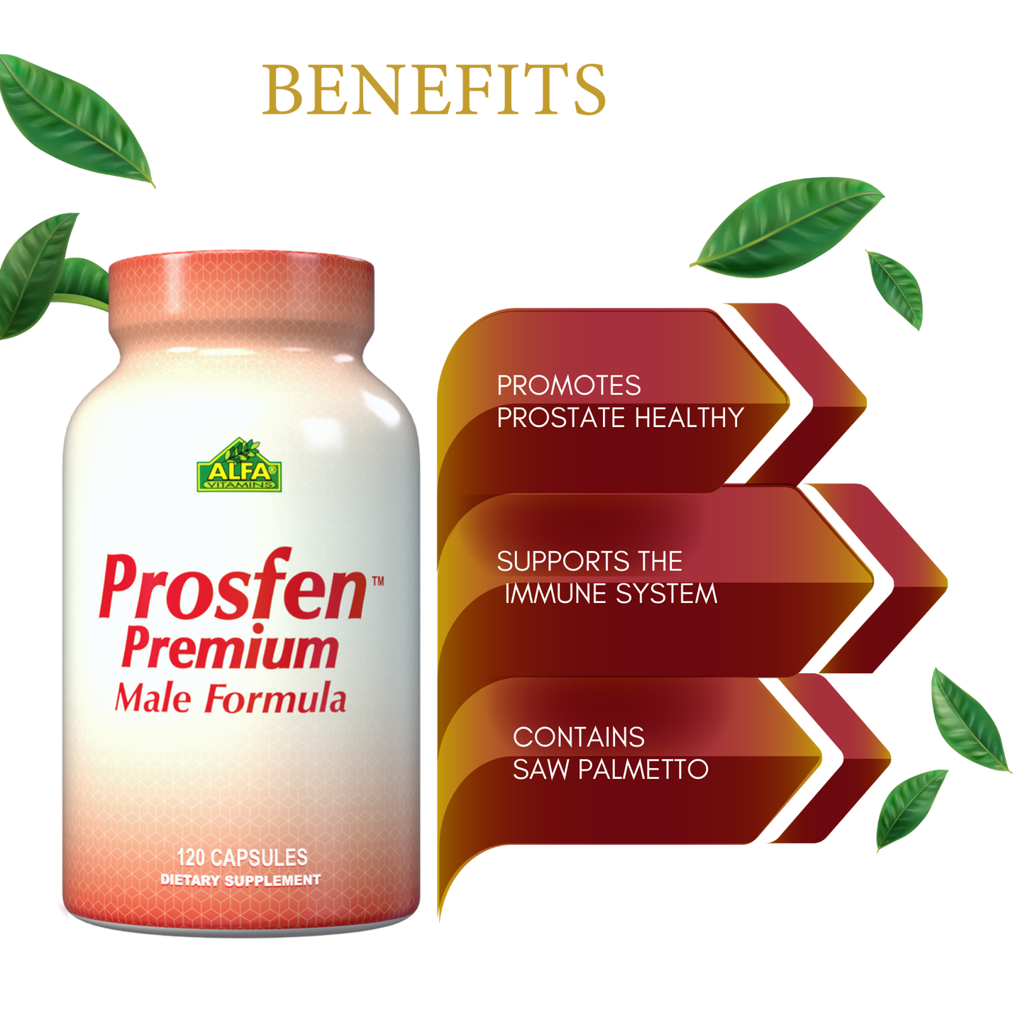 A photo of the Alfa Vitamins product, Prosfen Premium Male Formula - 120 capsules, showcases benefits such as Promotes Prostate Health and Supports the Immune System, highlighting Saw Palmetto. Decorative green leaves emphasize its comprehensive prostate support.