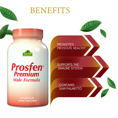 Image of a bottle labeled Prosfen Premium Male Formula by Alfa Vitamins featuring green leaves. Benefits include Promotes Prostate Health, Supports the Immune System, and Contains Saw Palmetto. NSF certified for quality assurance. Contains 60 capsules.