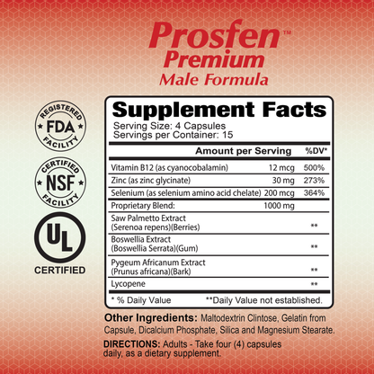 The Prosfen Premium Male Formula by Alfa Vitamins, encapsulated in a 60-capsule bottle, lists Vitamin B12 and Saw Palmetto among its vital ingredients and boasts NSF certification, guaranteeing quality for adult men.