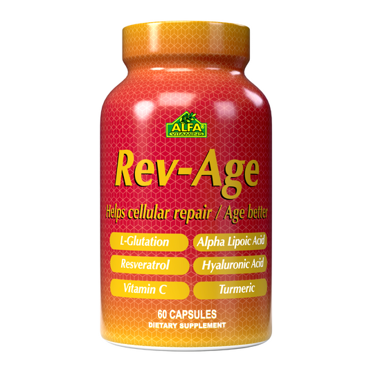 The REV-AGE Cellular Repair Formula by Alfa Vitamins, with a gradient orange and red label, promotes cellular regeneration and antioxidant protection. It contains 60 capsules featuring L-Glutathione, Resveratrol, Vitamin C, Alpha Lipoic Acid, Hyaluronic Acid, and Turmeric.