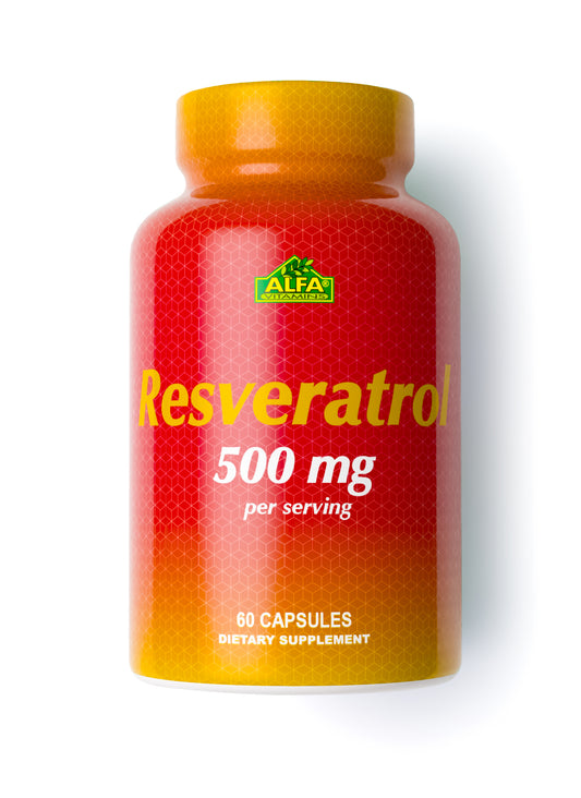 A red and orange Resveratrol 500 mg - 60 capsules bottle, featuring the Alfa Vitamins logo at the top, is a dietary supplement with antioxidant properties supporting heart health and a healthier lifestyle.