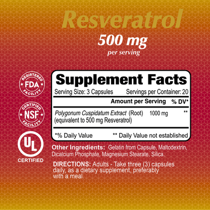 Alfa Vitamins Resveratrol 500 mg supplement offers antioxidant benefits, with each serving of 3 capsules containing Polygonum Cuspidatum Extract. Certified by FDA, NSF, and UL, its recommended to take three capsules daily with a meal for best results. The bottle contains 60 capsules.