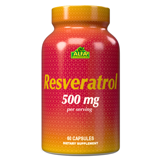 The Resveratrol 500 mg dietary supplement from Alfa Vitamins, featuring 60 capsules, is notable for its predominantly red design with yellow gradients and bold yellow text emphasizing its potent antioxidant properties.