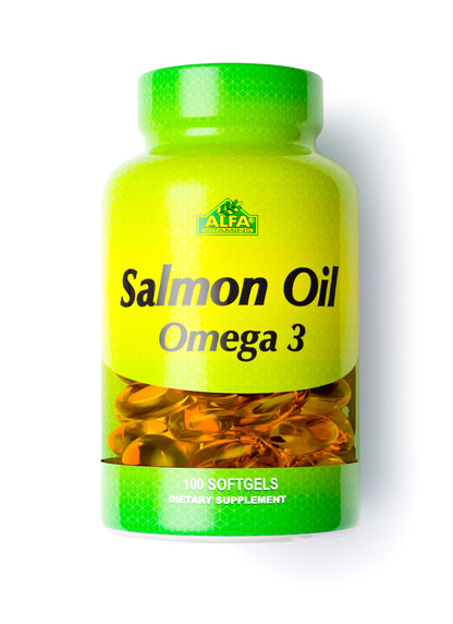 A green bottle of Salmon Oil - 100 softgels from Alfa Vitamins is a dietary supplement rich in DHA and EPA.