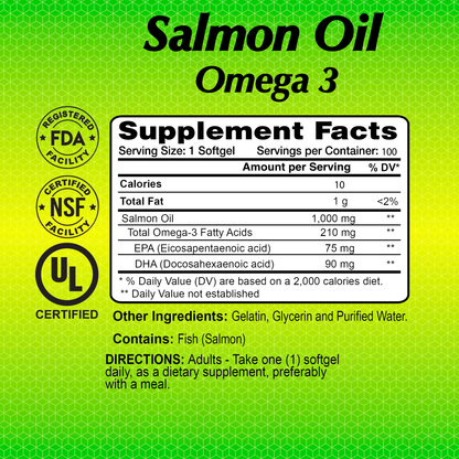 The Alfa Vitamins Salmon Oil - 100 softgels prominently features Salmon Oil Omega-3 on its label, detailing nutrients like EPA (210 mg) and DHA (90 mg) per serving. It includes certifications from FDA, NSF, and UL along with usage directions and ingredients.