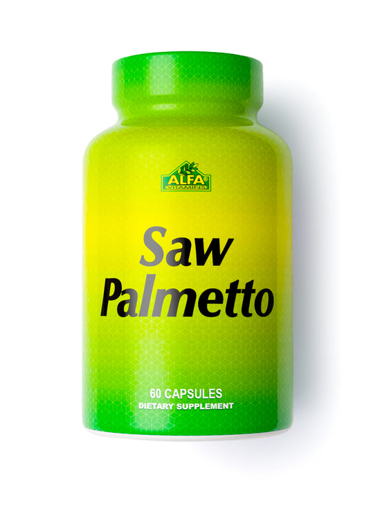 A green gradient bottle labeled Saw Palmetto - 60 capsules by Alfa Vitamins is a dietary supplement for hormone-related hair loss, promotes prostate health, and features an understated geometric background pattern.