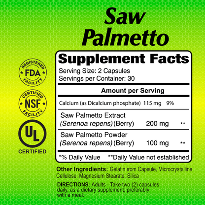 Saw Palmetto by Alfa Vitamins promotes prostate health with 115 mg calcium, 200 mg saw palmetto extract, and 100 mg saw palmetto powder per serving. Certified by FDA, NSF, and UL. Adults should take two capsules daily for optimal well-being. Available in a 60-capsule bottle.