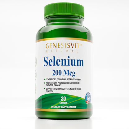 A green bottle of Alfa Vitamins Stores Selenium 200 Mcg with 30 capsules features antioxidant benefits: supports normal spermatogenesis, protects DNA and lipids, and aids thyroid function. USA quality mark visible.