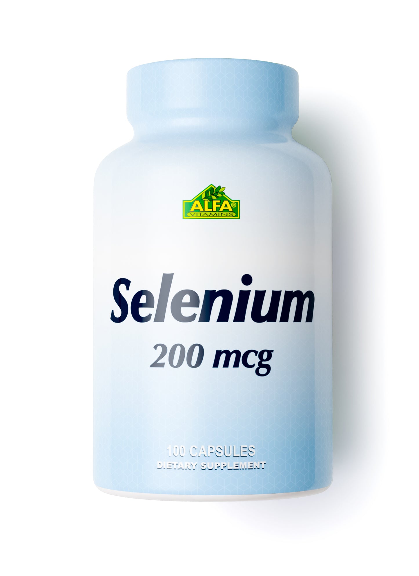 A white and blue bottle labeled Selenium 200 mcg from Alfa Vitamins features a green logo at the top and holds 100 capsules that support immune function as a dietary supplement.