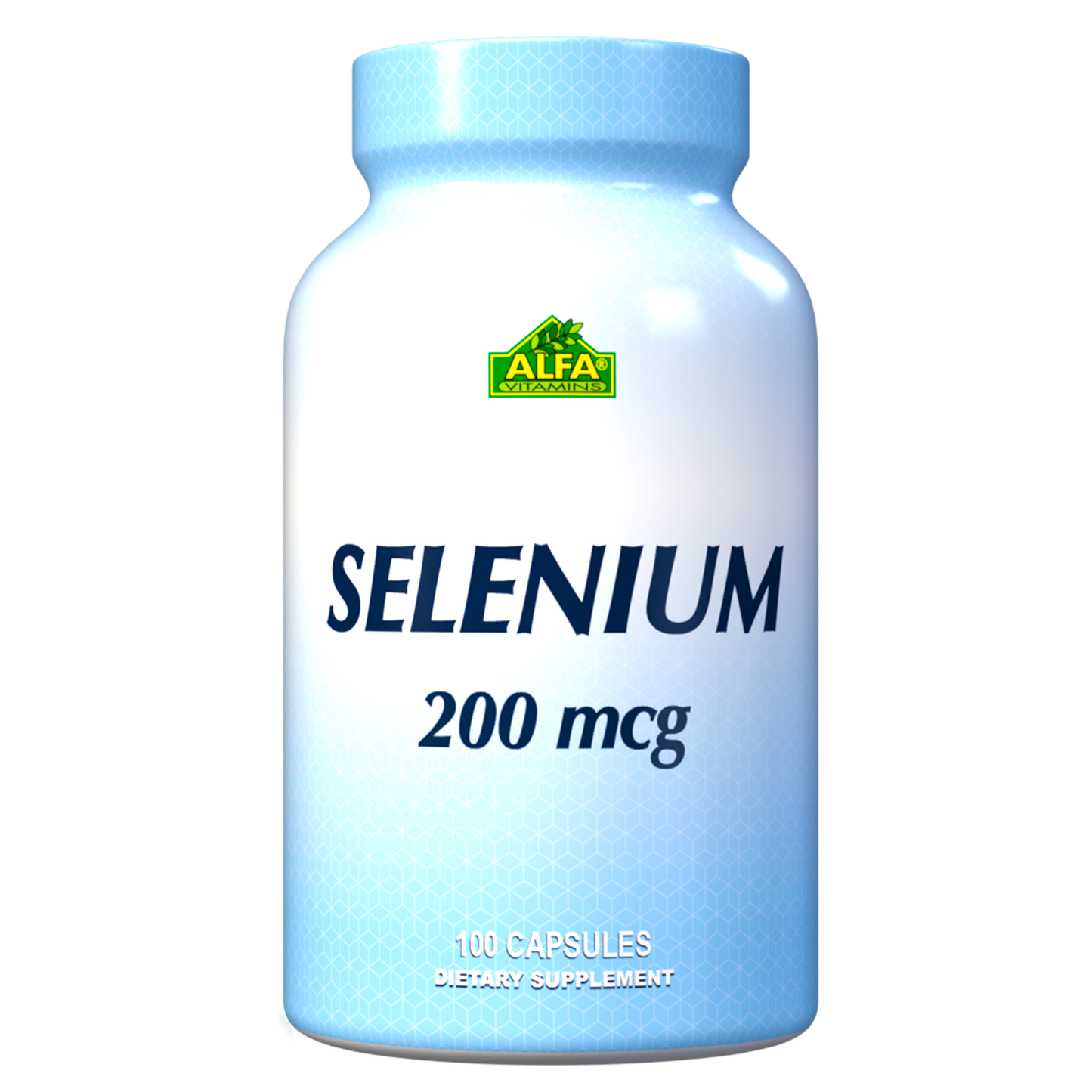 A blue and white bottle of Alfa Vitamins Selenium 200 mcg, offering antioxidant enzyme support for immune function, contains 100 capsules.