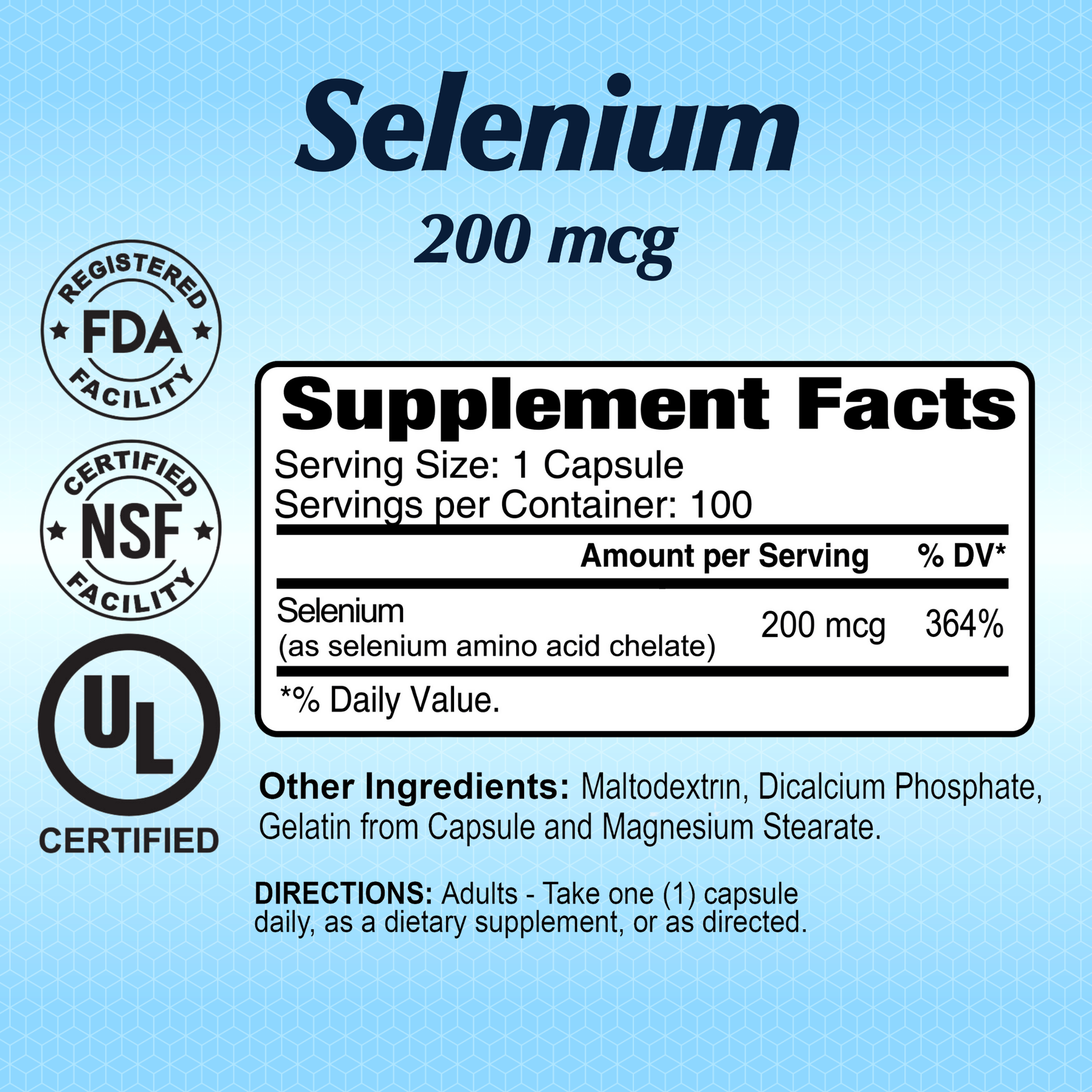 The blue label of Alfa Vitamins Selenium 200 mcg - 100 capsules emphasizes immune support and antioxidant enzyme benefits. Certified by FDA, NSF, and UL, it details serving size and daily value. Contains maltodextrin and gelatin with directions included.