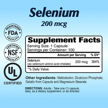 The blue label of Alfa Vitamins Selenium 200 mcg - 100 capsules emphasizes immune support and antioxidant enzyme benefits. Certified by FDA, NSF, and UL, it details serving size and daily value. Contains maltodextrin and gelatin with directions included.