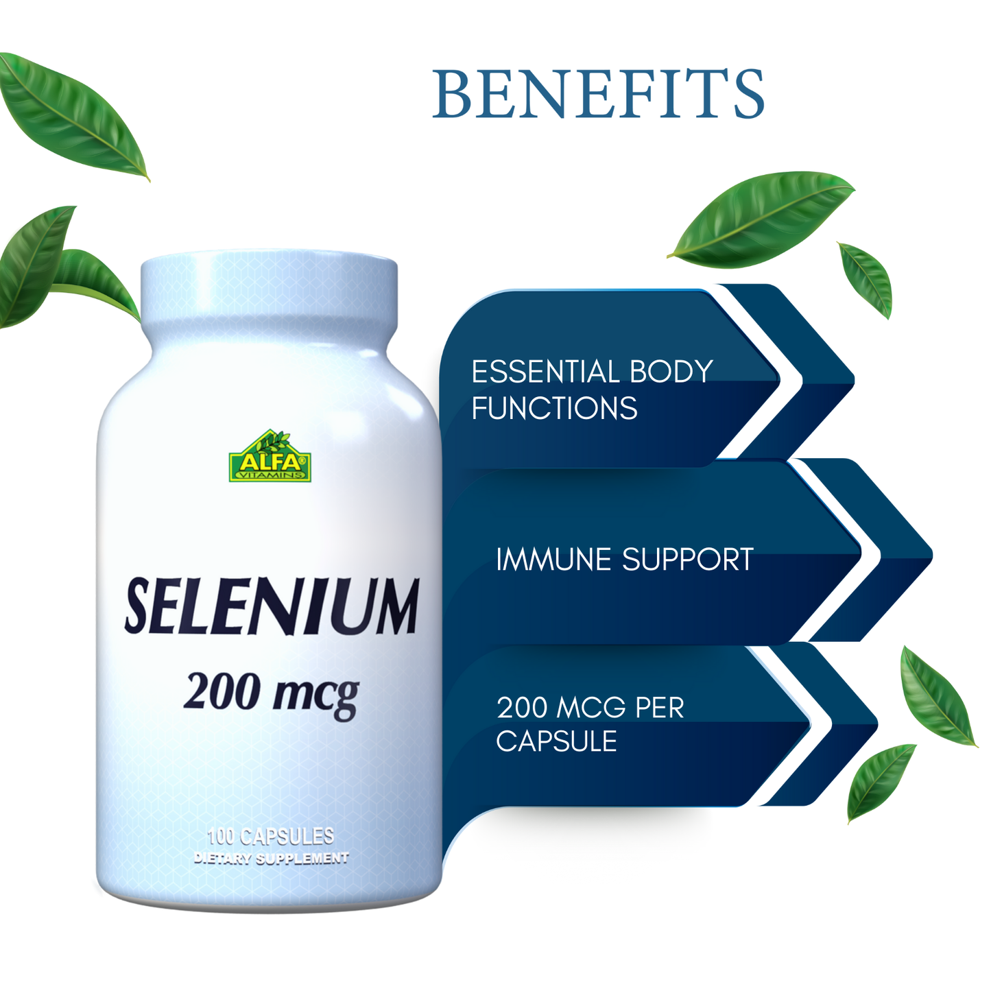 The image displays a bottle of Alfa Vitamins Selenium 200 mcg - 100 capsules. Highlighted benefits include Essential Body Functions, Immune Support, and 200 mcg per Capsule. Green leaves in the background underline its role in supporting immune function and boosting antioxidant enzymes.