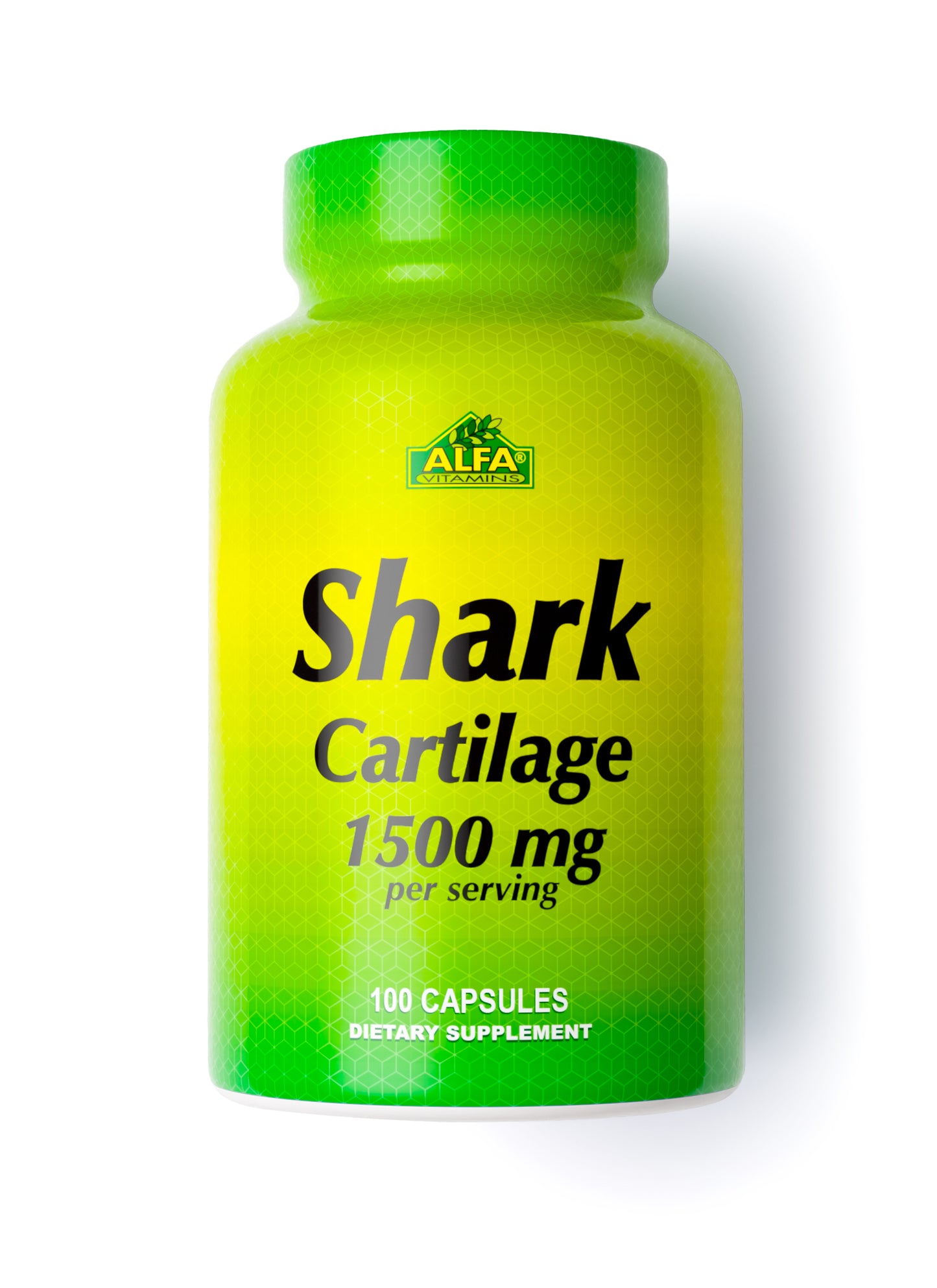 A green and yellow bottle of Shark Cartilage 1500 mg - 100 capsules from Alfa Vitamins supports joint health with anti-inflammatory properties, with the brand prominently displayed near the top.