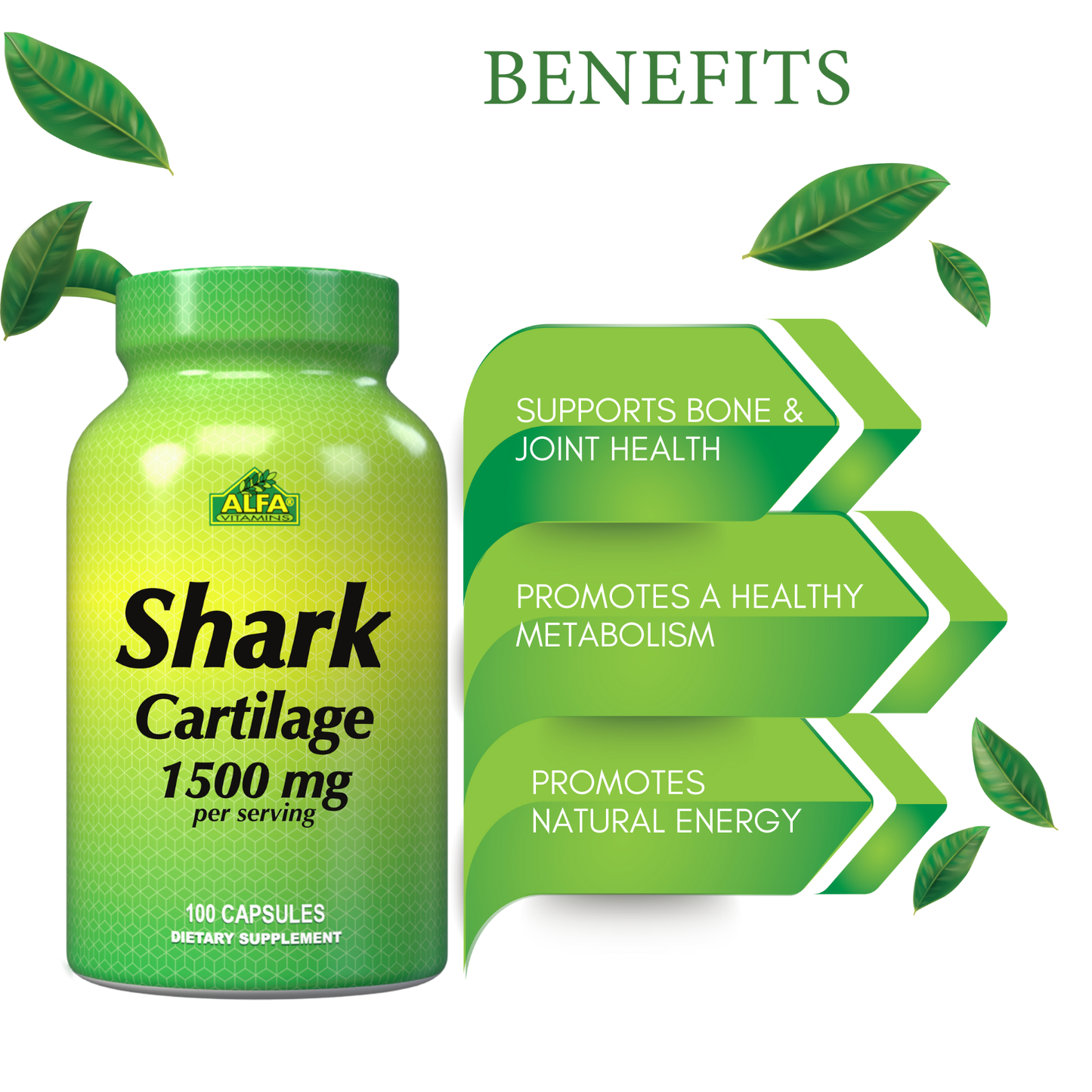 An image features a green bottle labeled Shark Cartilage 1500 mg from Alfa Vitamins, holding 100 capsules among vibrant green leaves. Benefits include supporting bone and joint health, promoting a healthy metabolism, and natural energy, known for its anti-inflammatory effects.