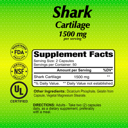 The label for Alfa Vitamins Shark Cartilage 1500 mg - 100 capsules promotes joint health, showing FDA, NSF, and UL logos. Directions recommend two capsules daily with a meal. Ingredients and daily value information are provided.