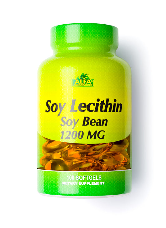 The green and yellow Alfa Vitamins bottle, labeled Soy Lecithin 1200 mg - 100 softgels, features an image of softgel capsules on the label. Its a dietary supplement enriched with phospholipids that promotes cardiovascular health.