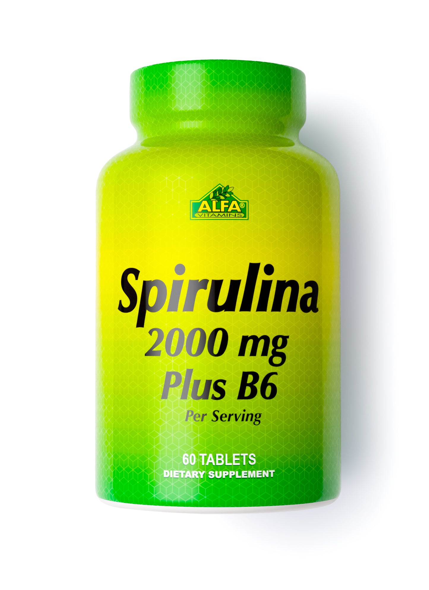 The green and yellow bottle of Alfa Vitamins Spirulina 2000 mg Plus B6 offers 60 tablets as a powerful dietary supplement combining spirulina and Vitamin B6.