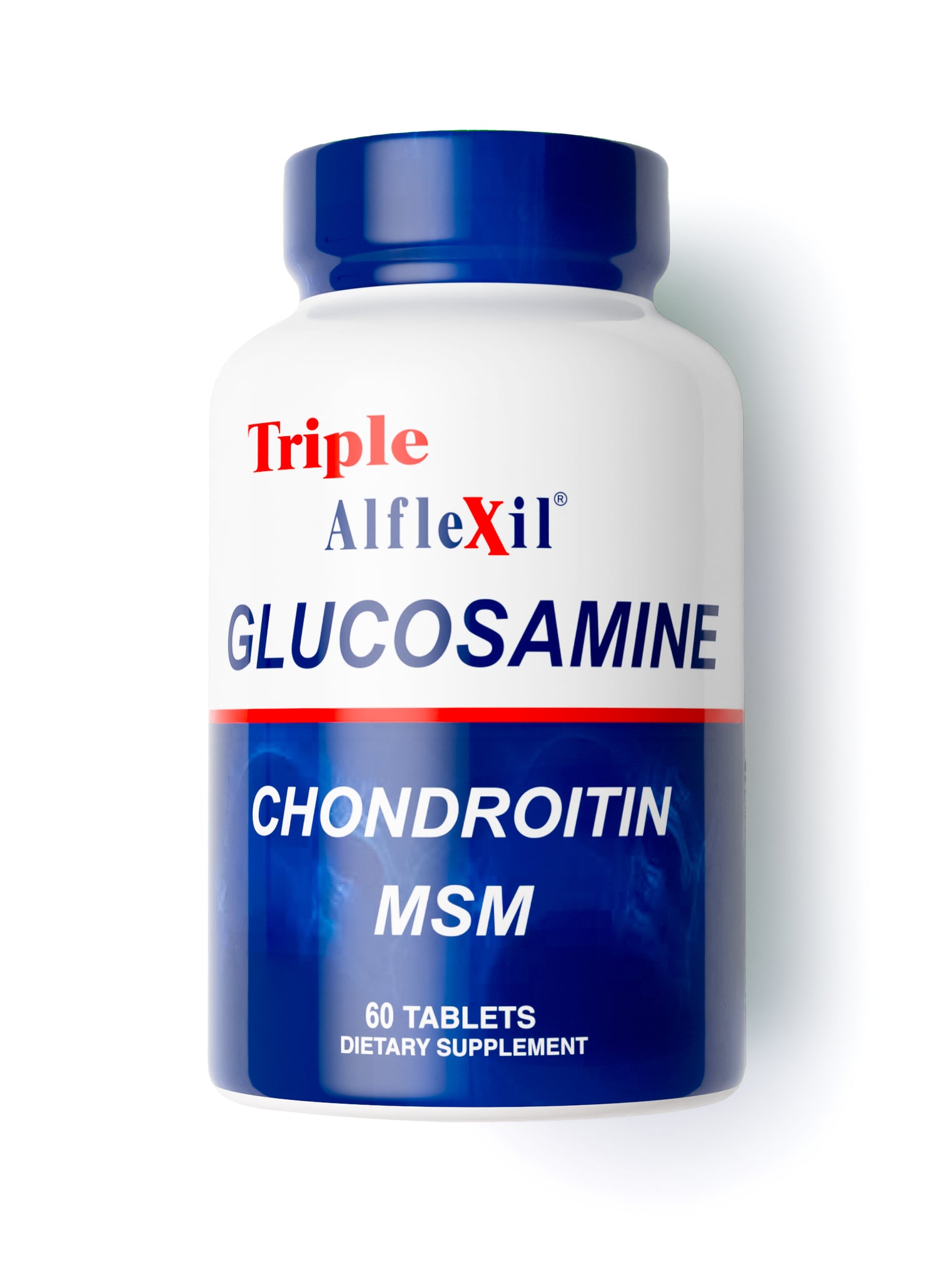 The blue and white bottle, labeled Alfa Vitamins Triple Alflexil, contains 60 tablets of glucosamine, chondroitin, and MSM. Its a dietary supplement for joint support aimed at promoting a more active lifestyle.