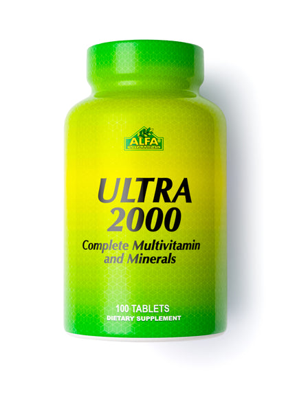 The green and yellow bottle, labeled Ultra 2000 - 100 tablets by Alfa Vitamins, contains a dietary supplement offering essential nutritional support with a balanced blend of multivitamins and minerals.