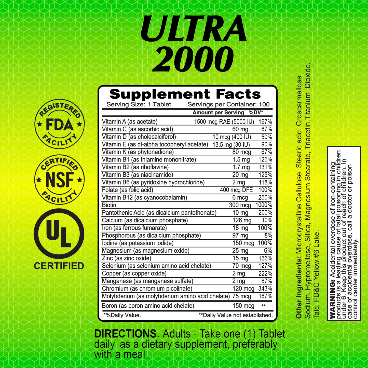 The supplement facts label for Alfa Vitamins Ultra 2000 - 100 tablets shows vitamin and mineral content per tablet, providing strong multivitamin support. Certified by FDA, NSF, UL; the directions advise one daily tablet. Includes other ingredients and warns for adult use only.