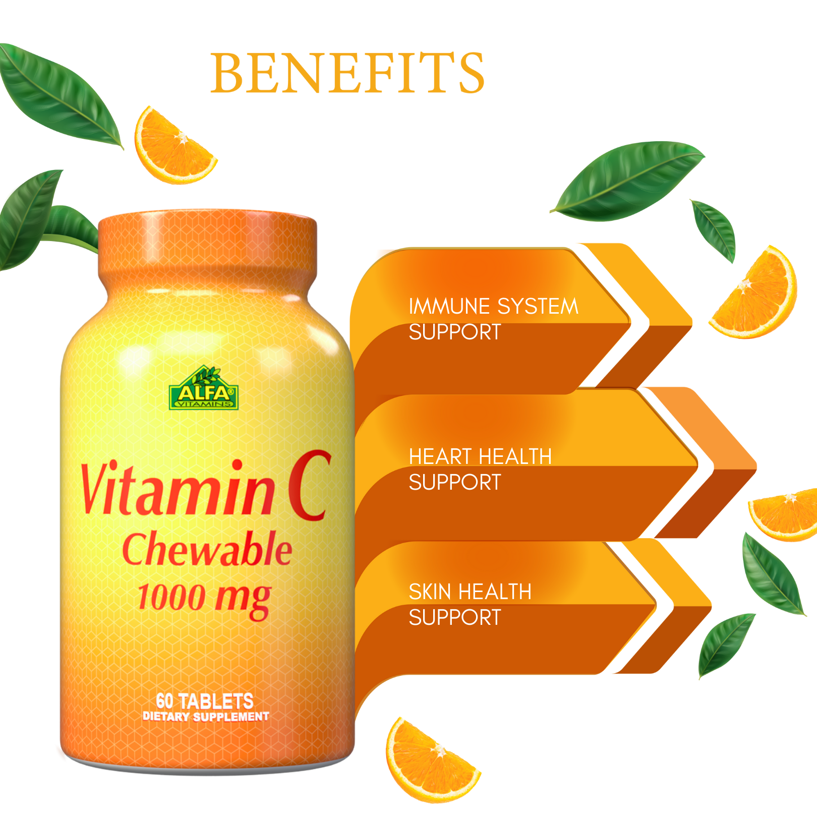 Image of Alfa Vitamins Vitamin C 1000 mg Chewables bottle (60 tablets), highlighting benefits like collagen production, immune support, heart and skin health. Surrounded by oranges and leaves for a fresh, natural theme.