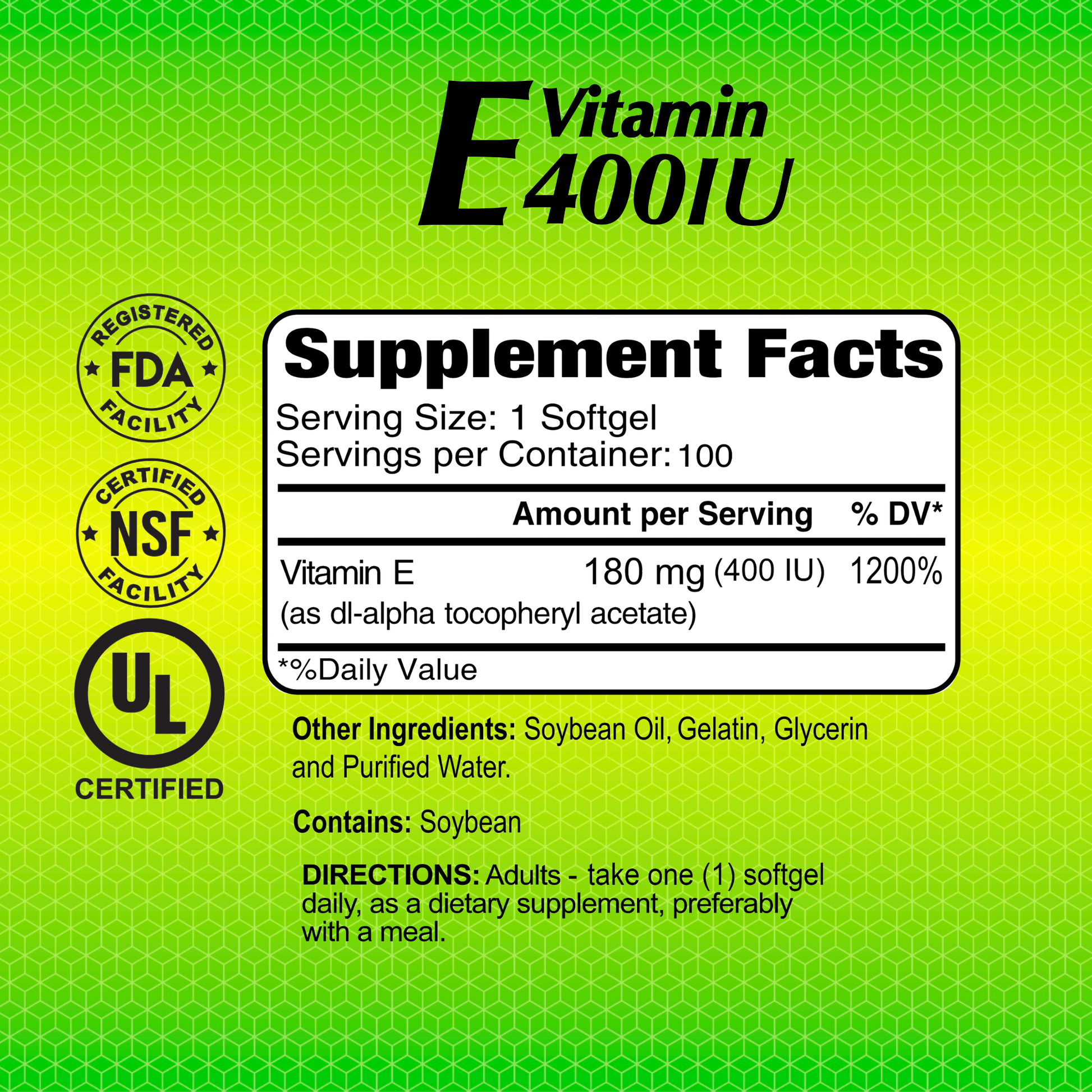 The Alfa Vitamins’ Vitamin E 400 IU 100 softgels features a green background displaying supplement info, promoting skin health benefits. It includes facts like serving size (1 softgel), total servings (100), and FDA, NSF, UL certifications. Directions for use are also included.