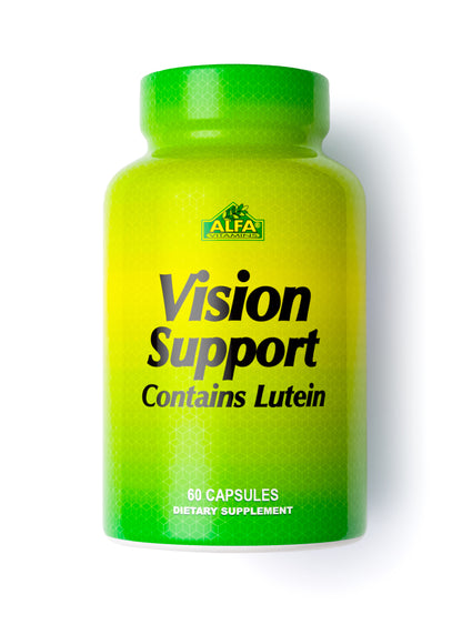 A green and yellow Alfa Vitamins bottle labeled Vision Support with Lutein promotes eye health, with 60 capsules enriched with antioxidants. The dietary supplement features a honeycomb pattern background.