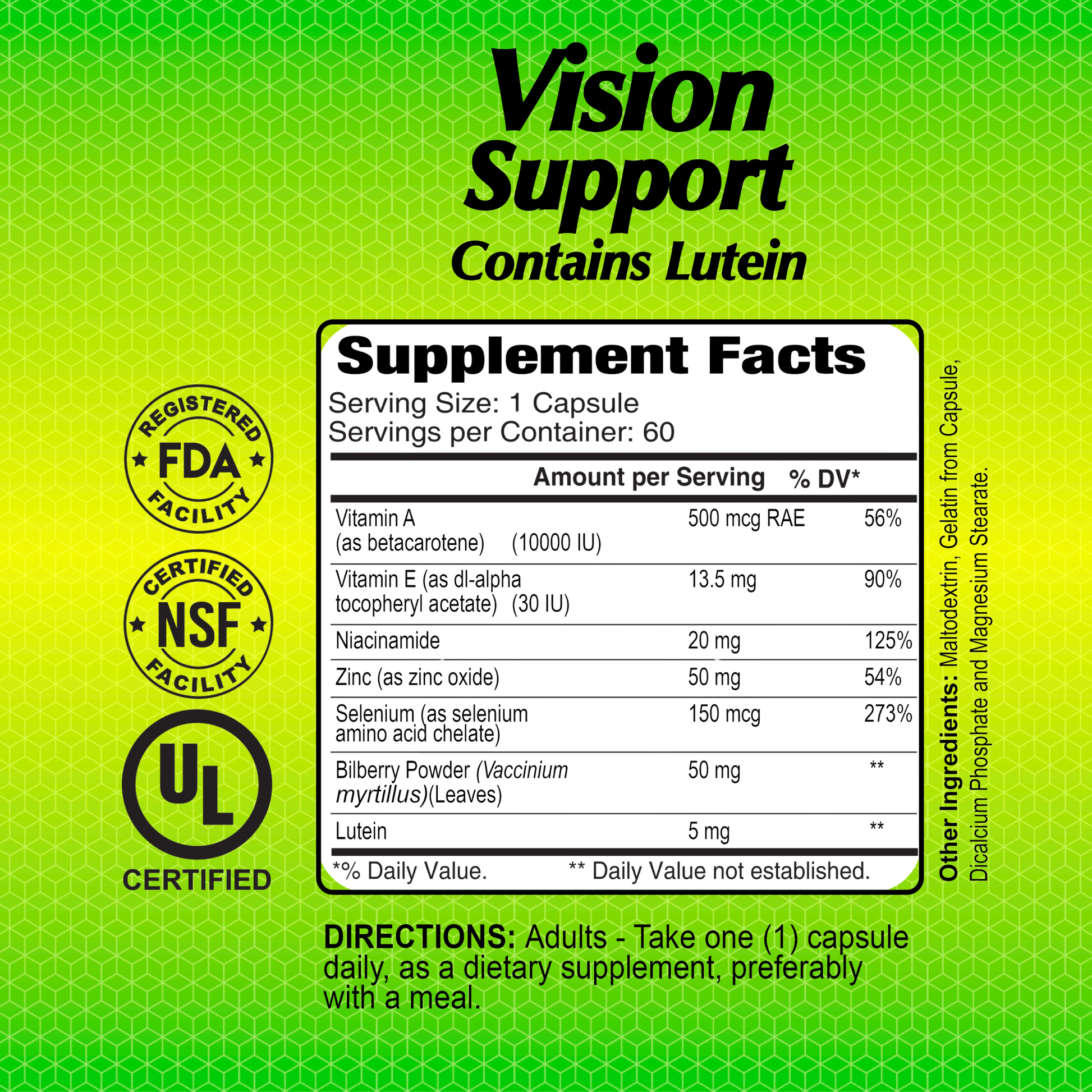 Label for Alfa Vitamins Vision Support with Lutein - 60 capsules dietary supplement. Contains antioxidants, eye health-supporting vitamins and ingredients, supplement facts, daily values, usage directions, and certifications such as FDA Registered, NSF Certified, and UL Certified.