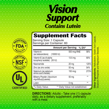 Label for Alfa Vitamins Vision Support with Lutein - 60 capsules dietary supplement. Contains antioxidants, eye health-supporting vitamins and ingredients, supplement facts, daily values, usage directions, and certifications such as FDA Registered, NSF Certified, and UL Certified.