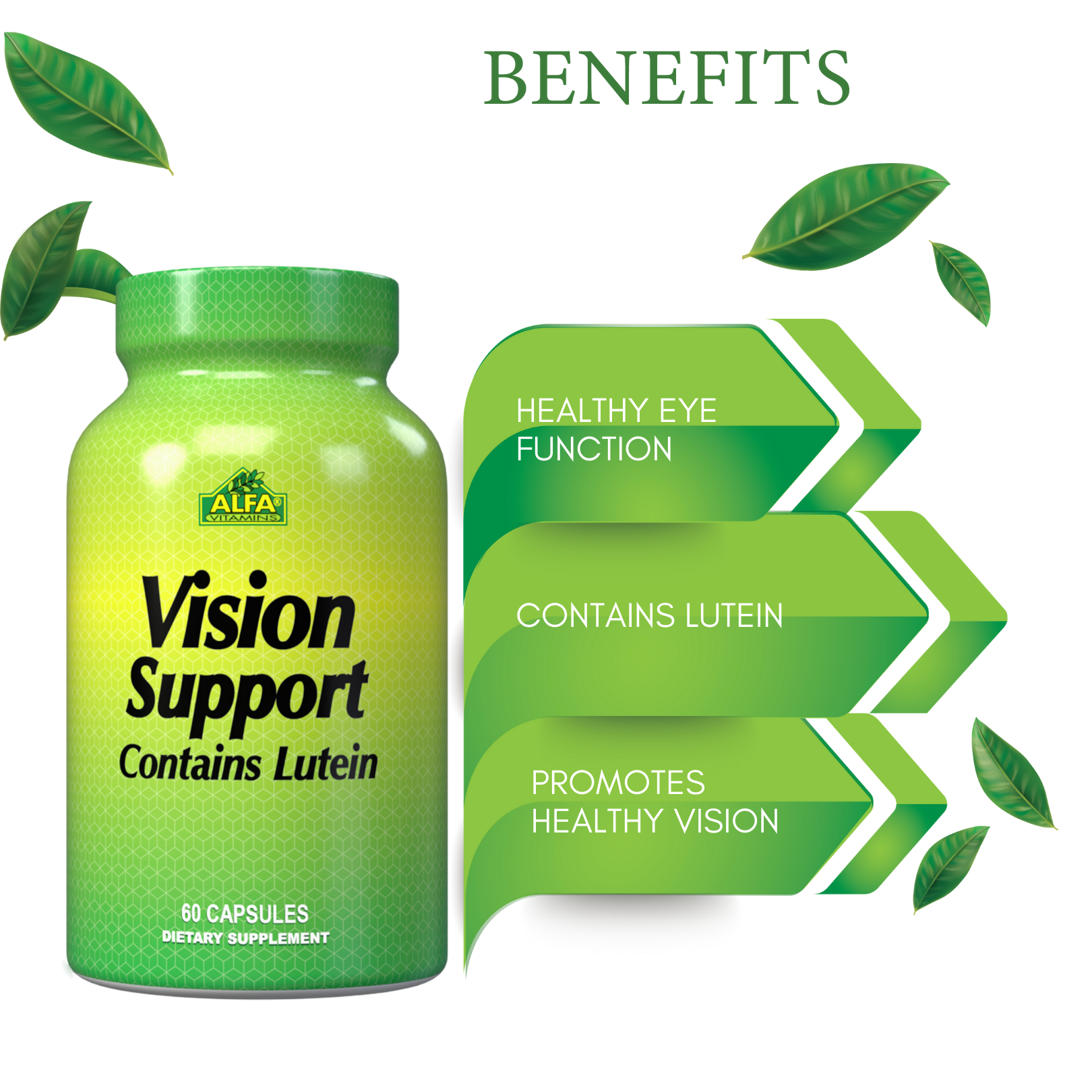 A green bottle of Vision Support with Lutein by Alfa Vitamins, featuring 60 capsules, rests among green leaves. Benefits highlighted are Healthy Eye Function, Contains Lutein, and Rich in Antioxidants for Promoting Healthy Vision.