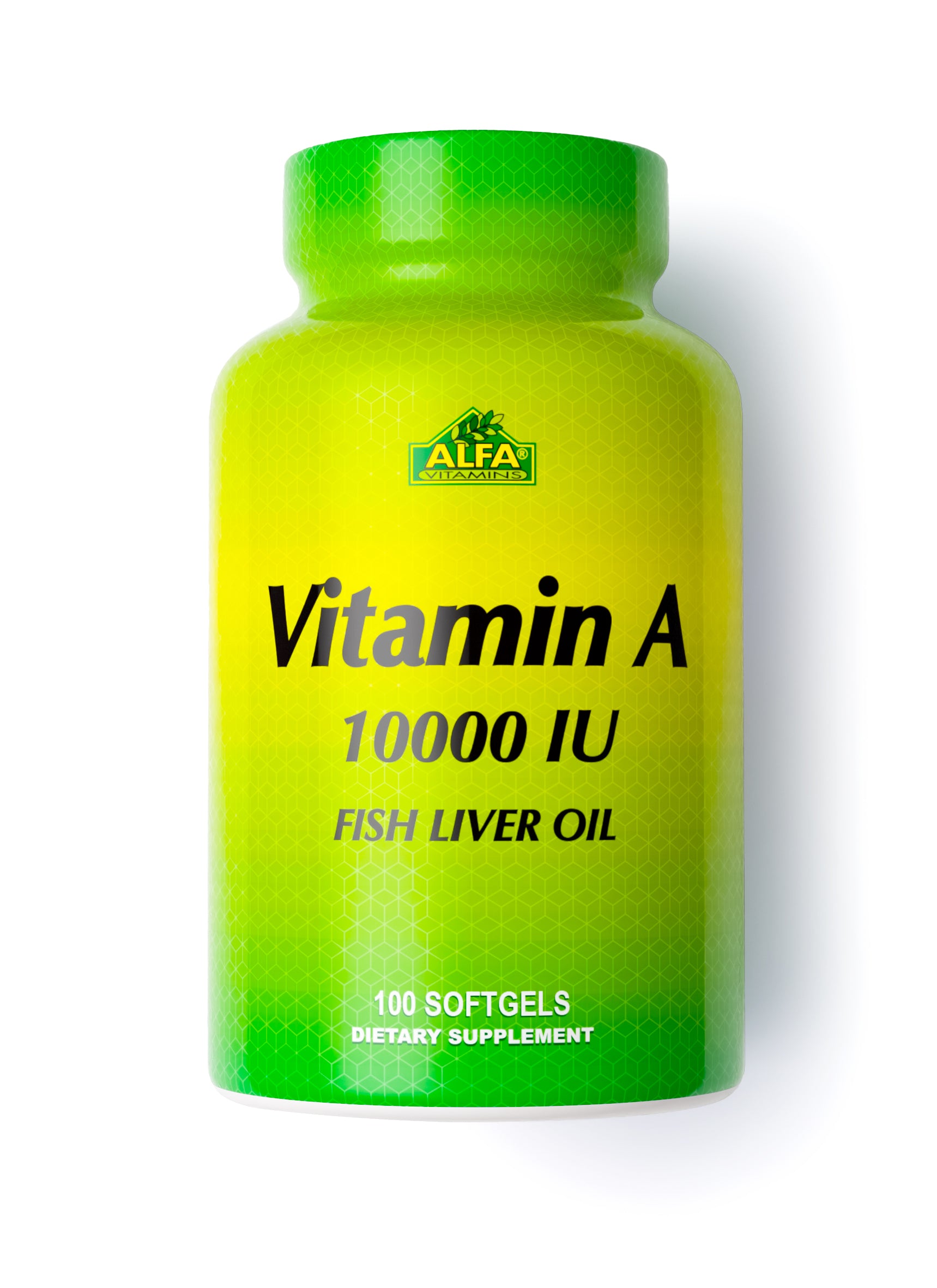 A green and yellow bottle labeled Vitamin A Fish Liver Oil - 100 softgels prominently features the brand Alfa Vitamins. It supports healthy vision and a robust immune system as a trusted dietary supplement with Vitamin A 10000 IU.