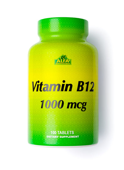 Bright green and yellow bottle reads Vitamin B12 1000 mcg containing 100 tablets to support energy, with Alfa Vitamins at the top.