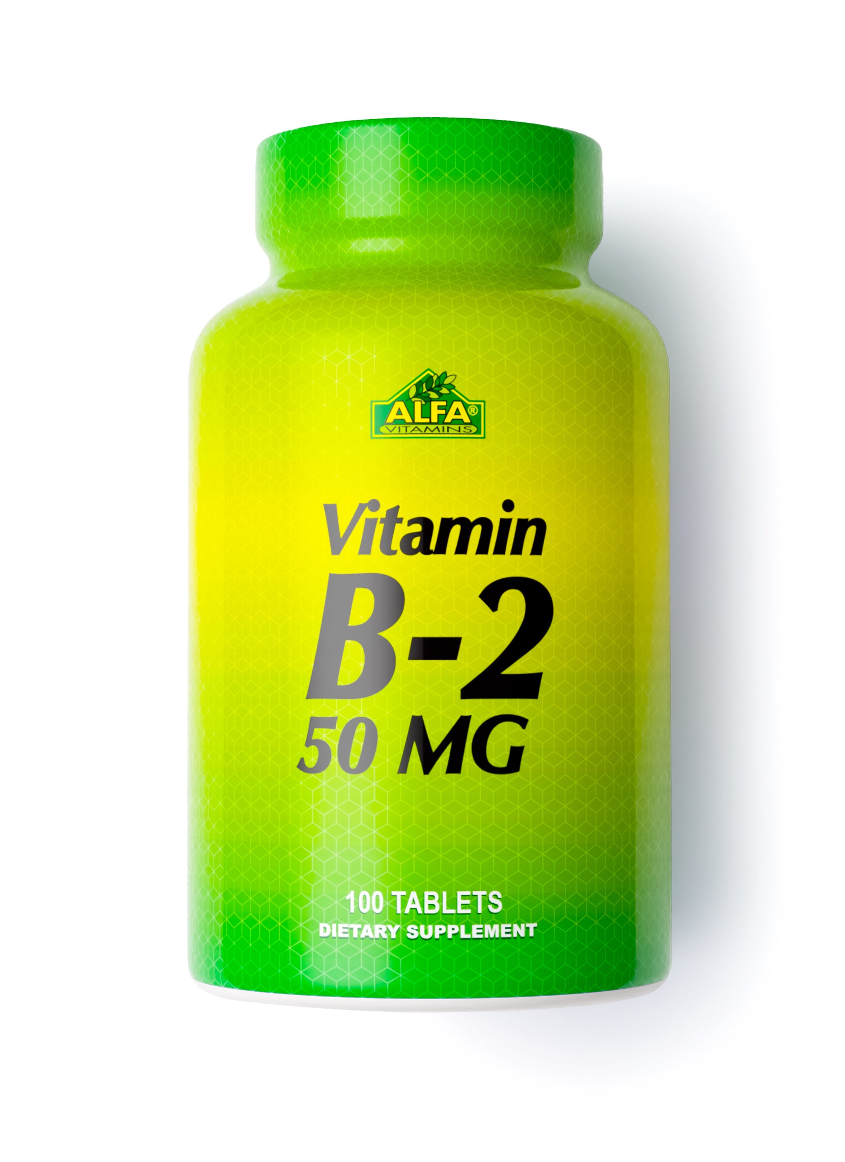 A green and yellow bottle labeled Vitamin B2 50 mg - 100 tablets with the Alfa Vitamins logo contains a dietary supplement supporting energy production, featuring riboflavin.