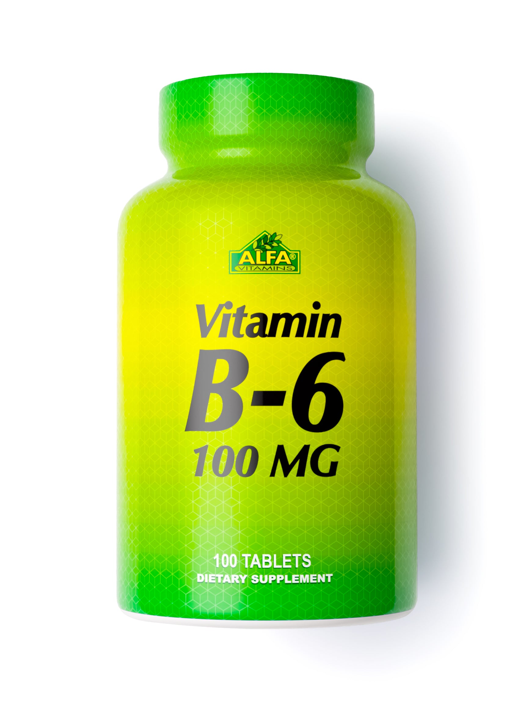 A green and yellow bottle labeled Vitamin B6 100 mg - 100 Tablets from Alfa Vitamins holds 100 tablets. This dietary supplement, designed with a gradient and subtle hexagonal pattern, supports brain development and nervous system health.