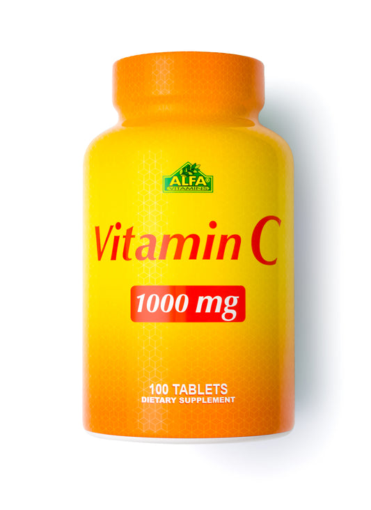 A vibrant orange bottle of Alfa Vitamins Vitamin C 1000 mg - 100 Tablets, featuring a yellow cap and honeycomb background, serves as an essential boost for your immune system.