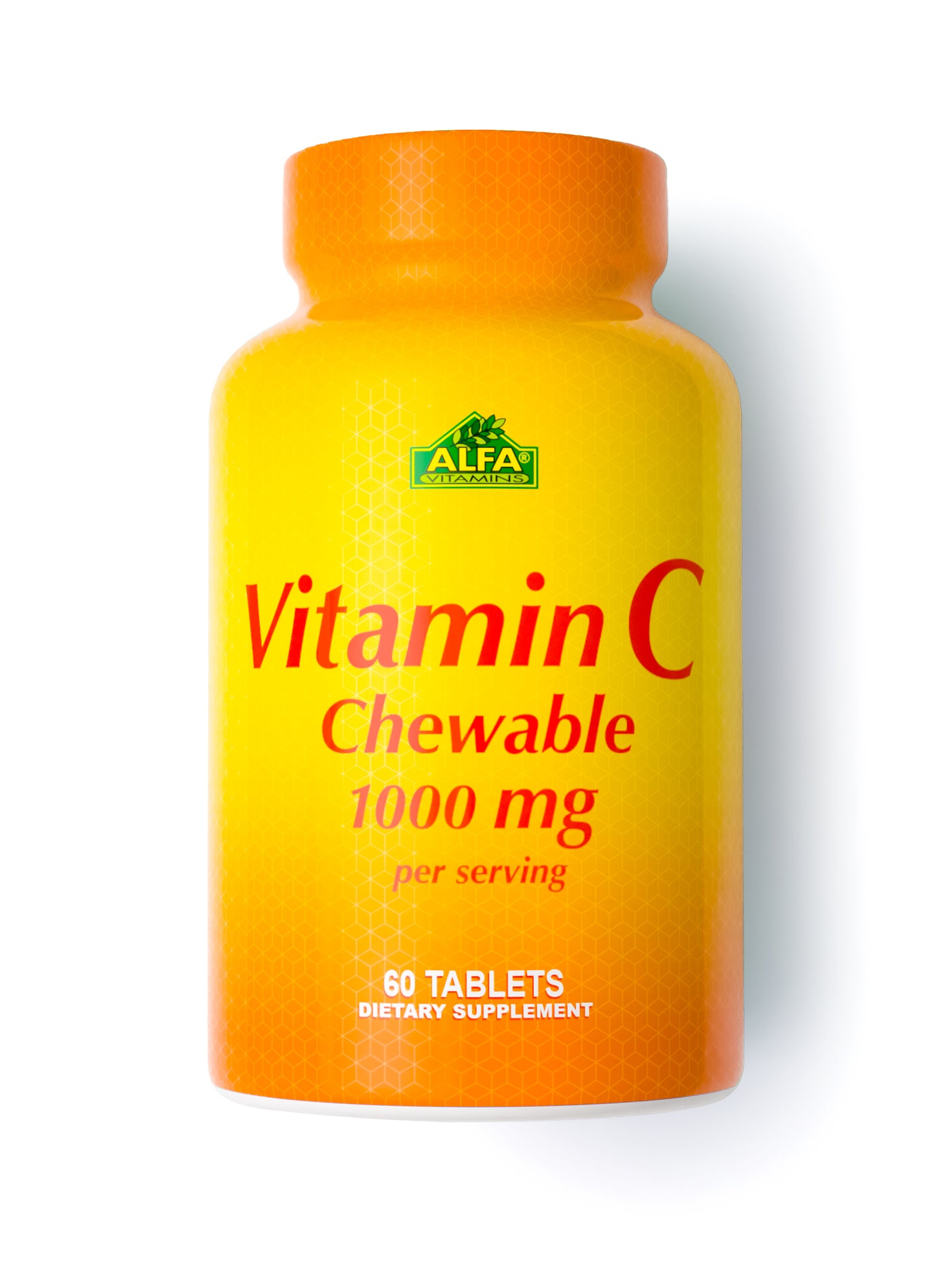 Alfa Vitamins Vitamin C 1000 mg Chewables, in an orange bottle, contain 60 tablets to support the immune system and boost collagen production.