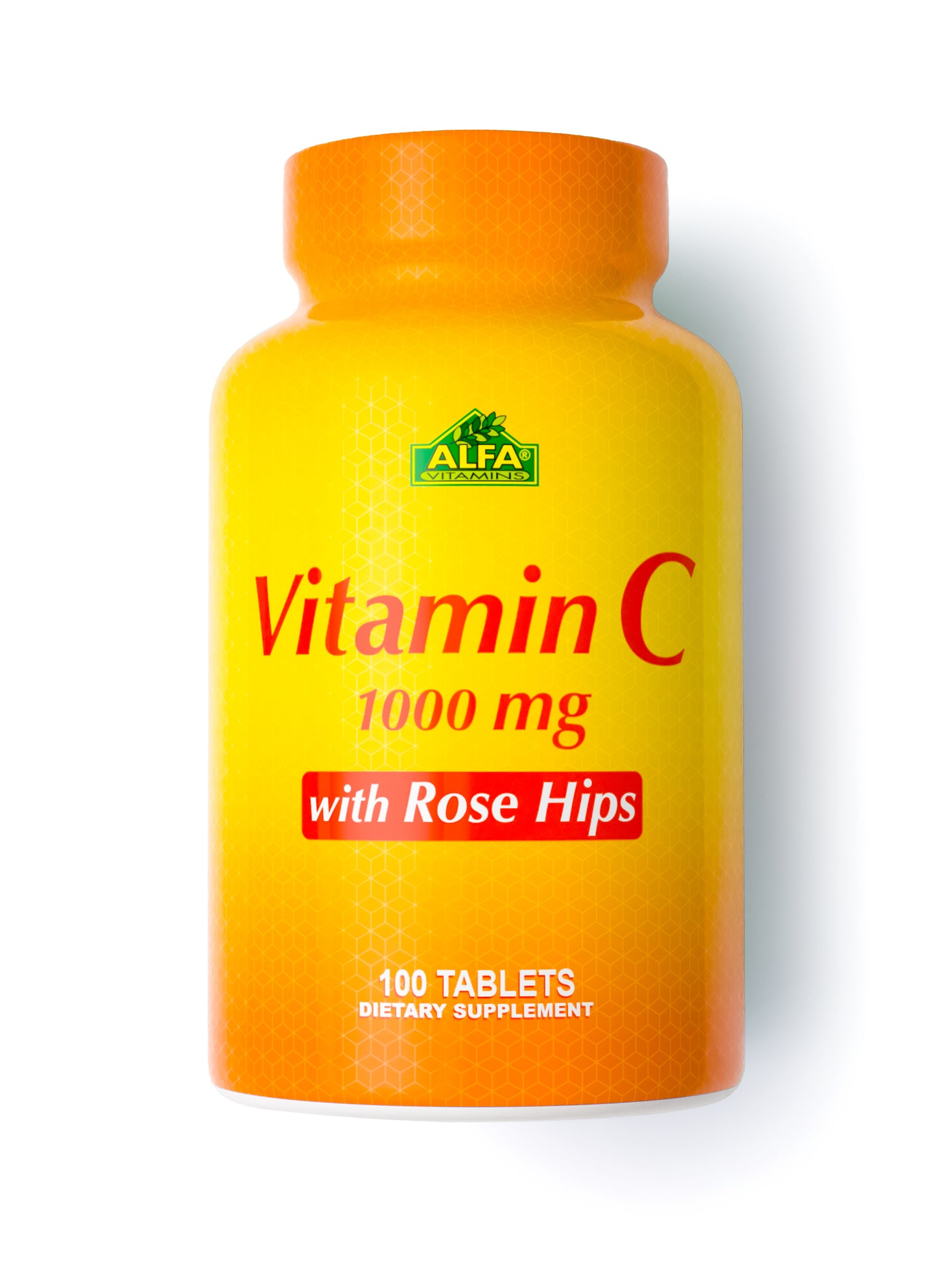 A yellow-orange Vitamin C 1000 mg with Rose Hips- 100 Tablets bottle displays a green Alfa Vitamins logo, containing tablets meant to support the immune system as a dietary supplement.