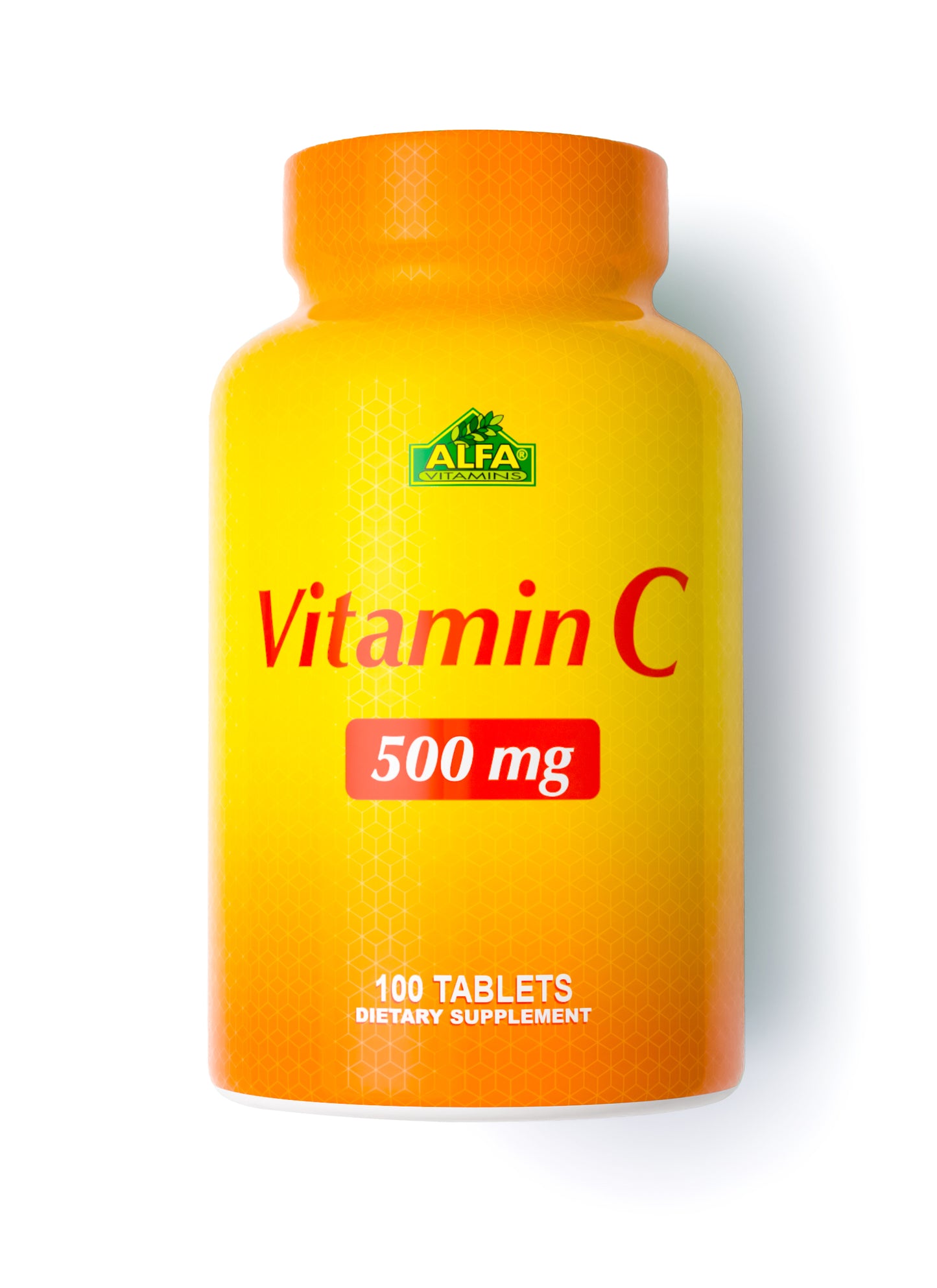 Alfa Vitamins Vitamin C 500 mg dietary supplement contains 100 tablets and offers antioxidant support for your immune system in a yellow and orange bottle.